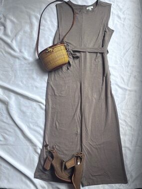 Max Studio Taupe Sleeveless Wide-Leg Jumpsuit with Tie Belt